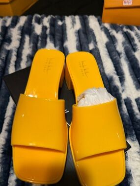 Nicole Miller Yellow Patent Block Heel Slide Mules